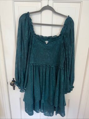 ARULA Teal Embroidered Peasant Mini Dress